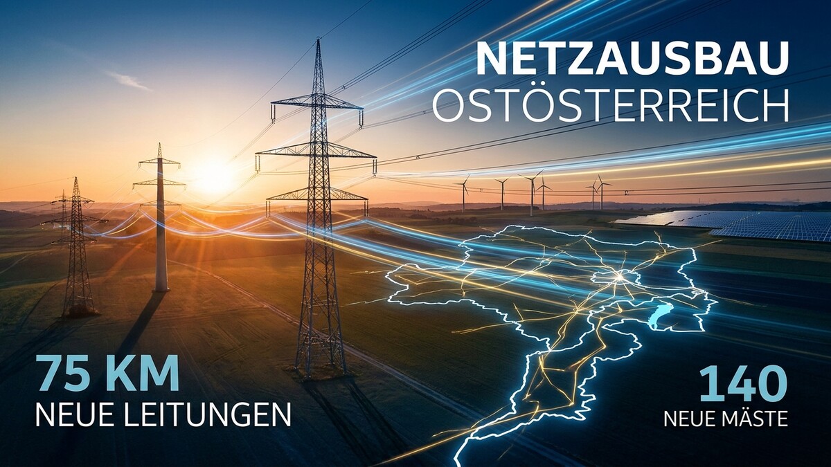 Netzausbau Ostösterreich mit Stromleitungen, Masten, Windrädern und Solaranlagen im Sonnenuntergang.