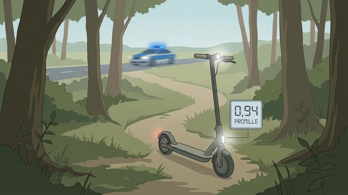 E-Scooter mit 0,94 Promille auf Waldweg, Polizeiauto mit Blaulicht fährt auf Straße im Hintergrund