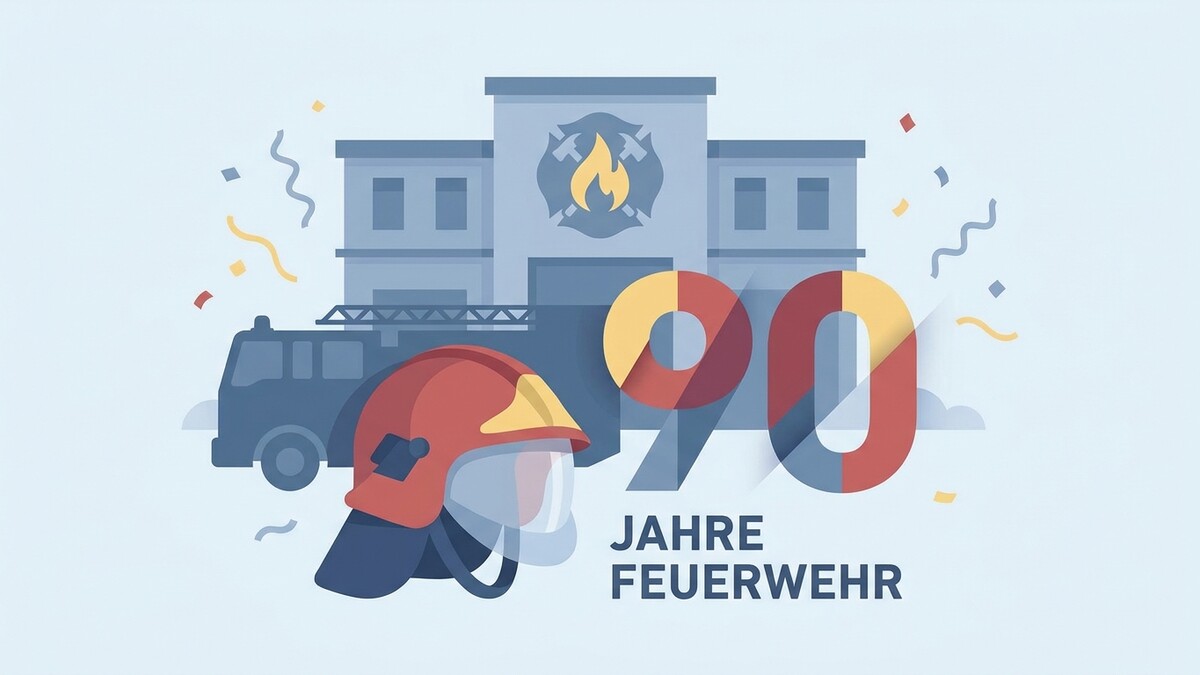 Feuerwehr-Jubiläum 90 Jahre mit Helm, Feuerwehrauto und Gebäude
