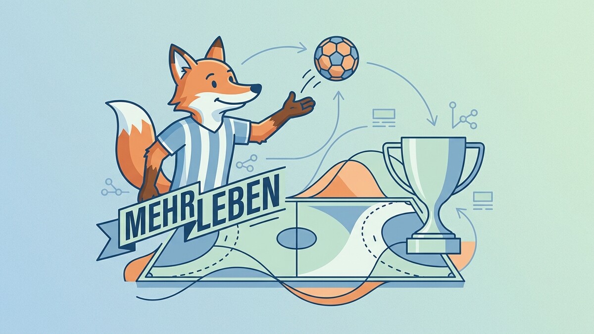 Fuchs im Fußballtrikot wirft Ball, Pokal und Schriftzug "Mehr Leben"