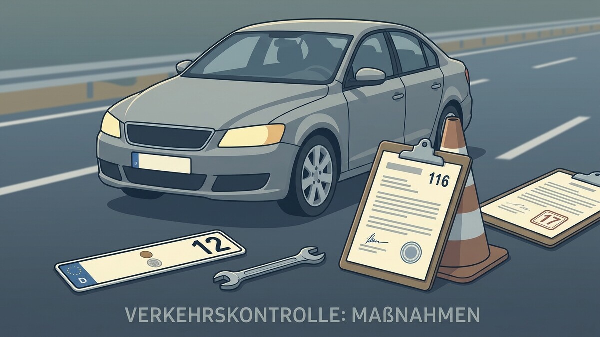 Verkehrskontrolle: Graues Auto, Kennzeichen, Werkzeug, Klemmbretter mit Dokumenten und Verkehrskegel