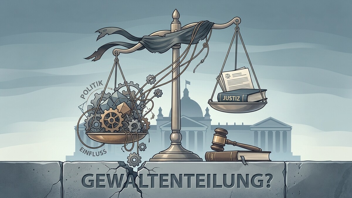 Gewaltenteilung? Waage mit Politik und Einfluss auf der einen, Justiz auf der anderen Seite
