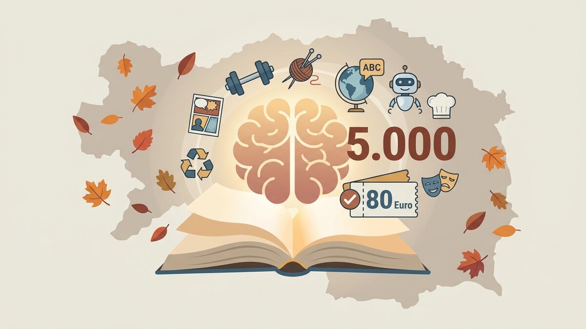 Gehirn über offenem Buch mit Symbolen und 5.000 Euro Gutschein