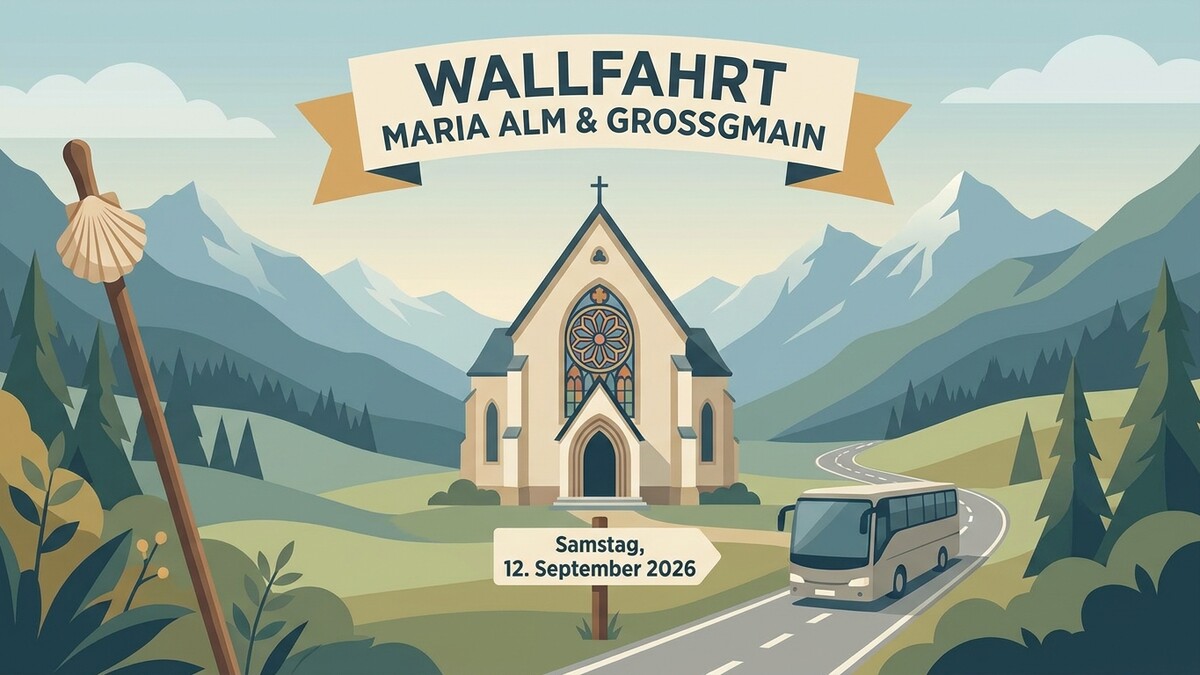 Wallfahrt Maria Alm & Grossgmain am 12. September 2026 mit Kirche und Pilgerstab