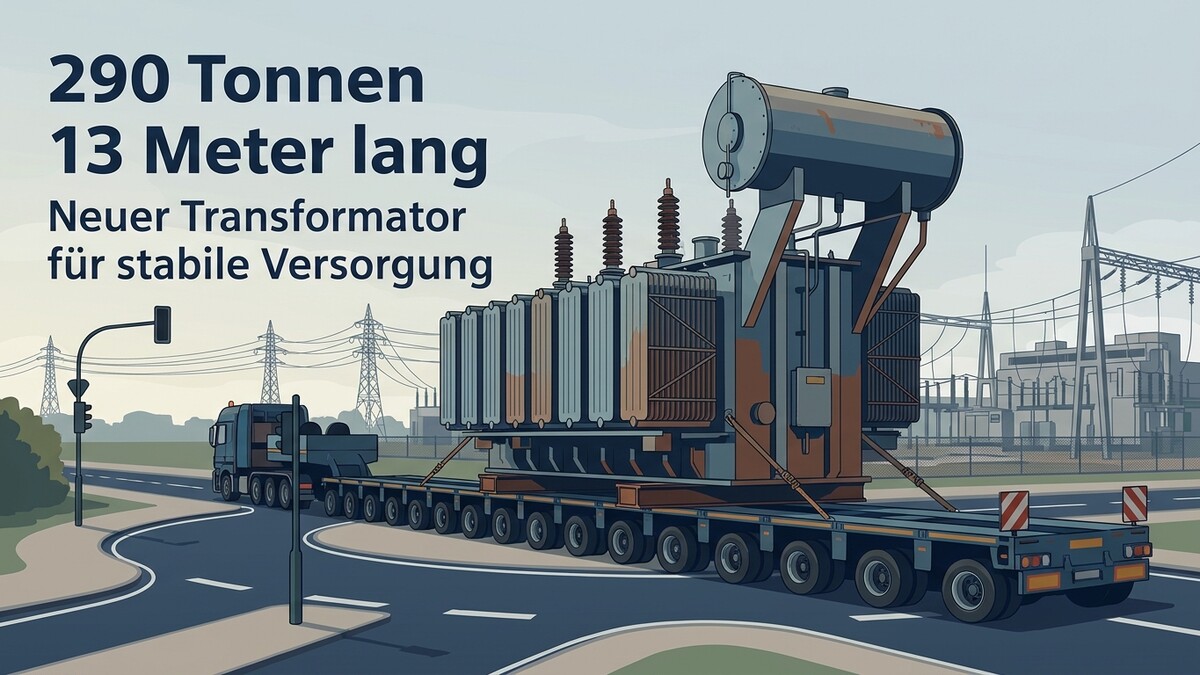 Transformator 290 Tonnen 13 Meter lang wird per LKW zu Umspannwerk transportiert