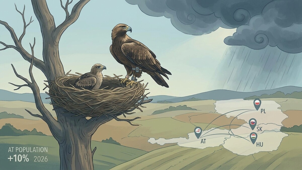 Adlerpaar im Nest auf einem Baum mit aufziehendem Gewitter über Österreich und Nachbarländern