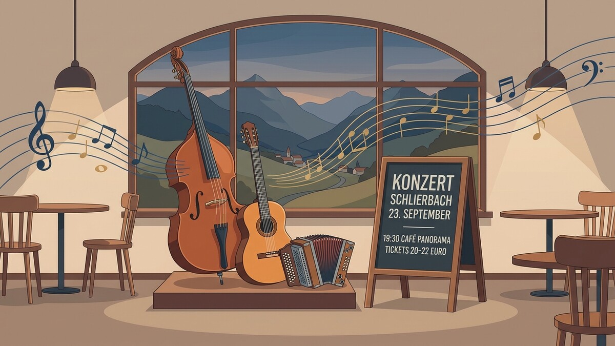 Konzert Schlierbach mit Kontrabass, Gitarre und Ziehharmonika vor Bergpanorama