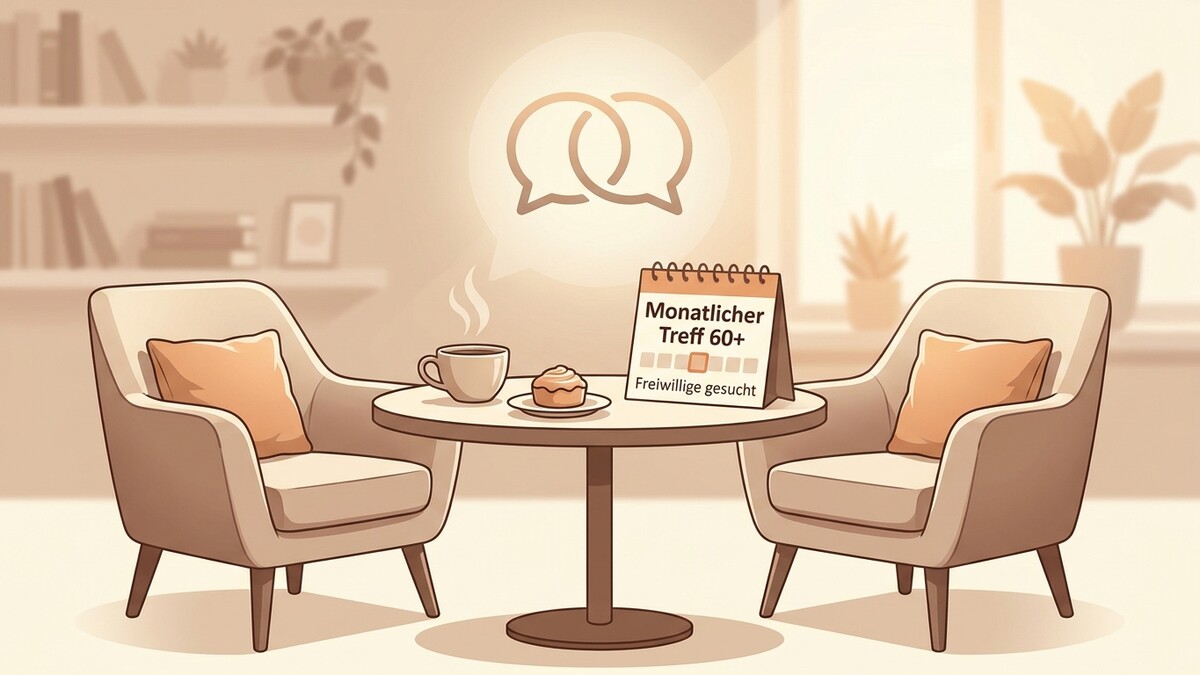 Monatlicher Treff 60+ mit Kalender und Kaffeetasse in gemütlicher Atmosphäre