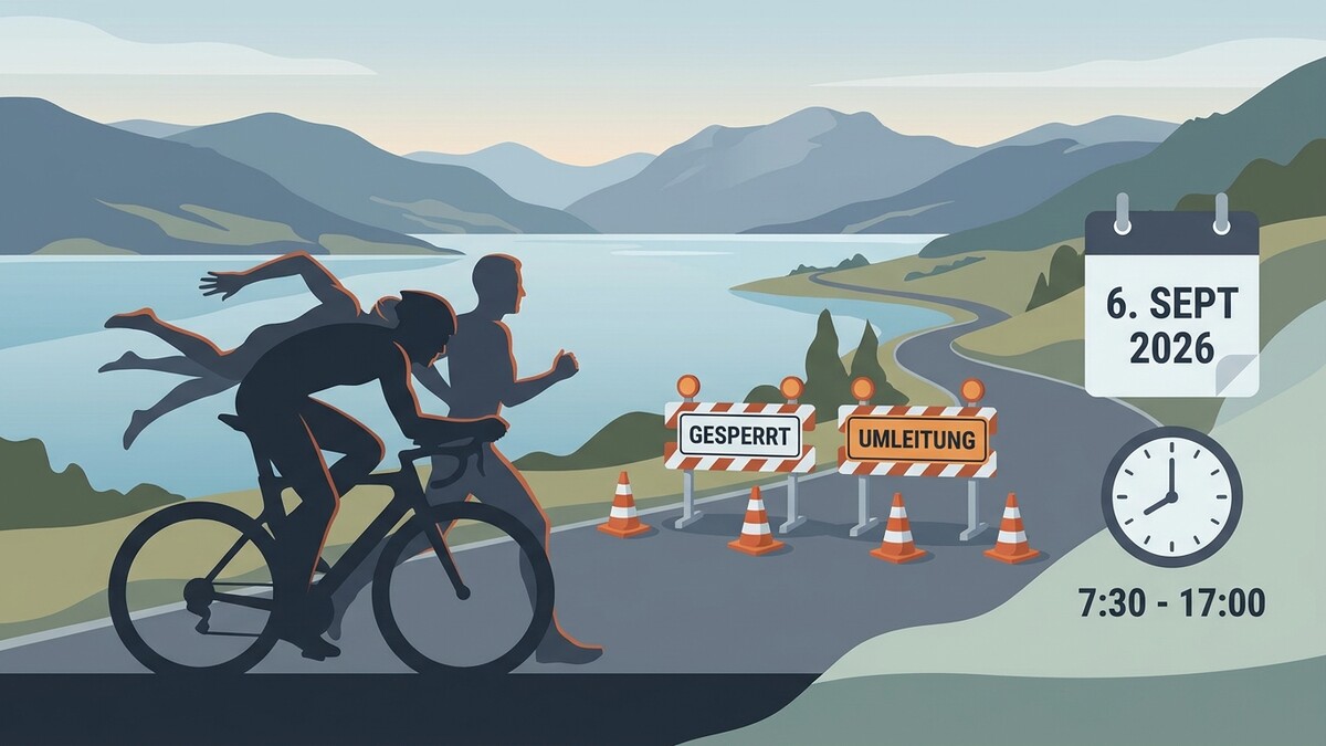Triathleten am See, gesperrte Straße, Umleitung, 6. September 2026, 7:30-17:00 Uhr