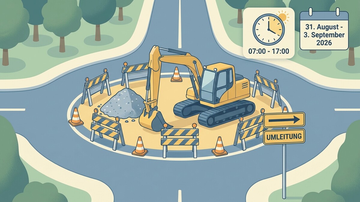 Baustelle im Kreisverkehr mit Bagger, Absperrungen und Umleitungsschild, 31. August - 3. September 2026
