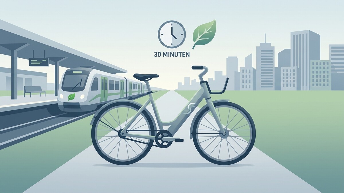 Fahrrad und Zug am Bahnhof mit Stadtkulisse und Blatt-Symbol