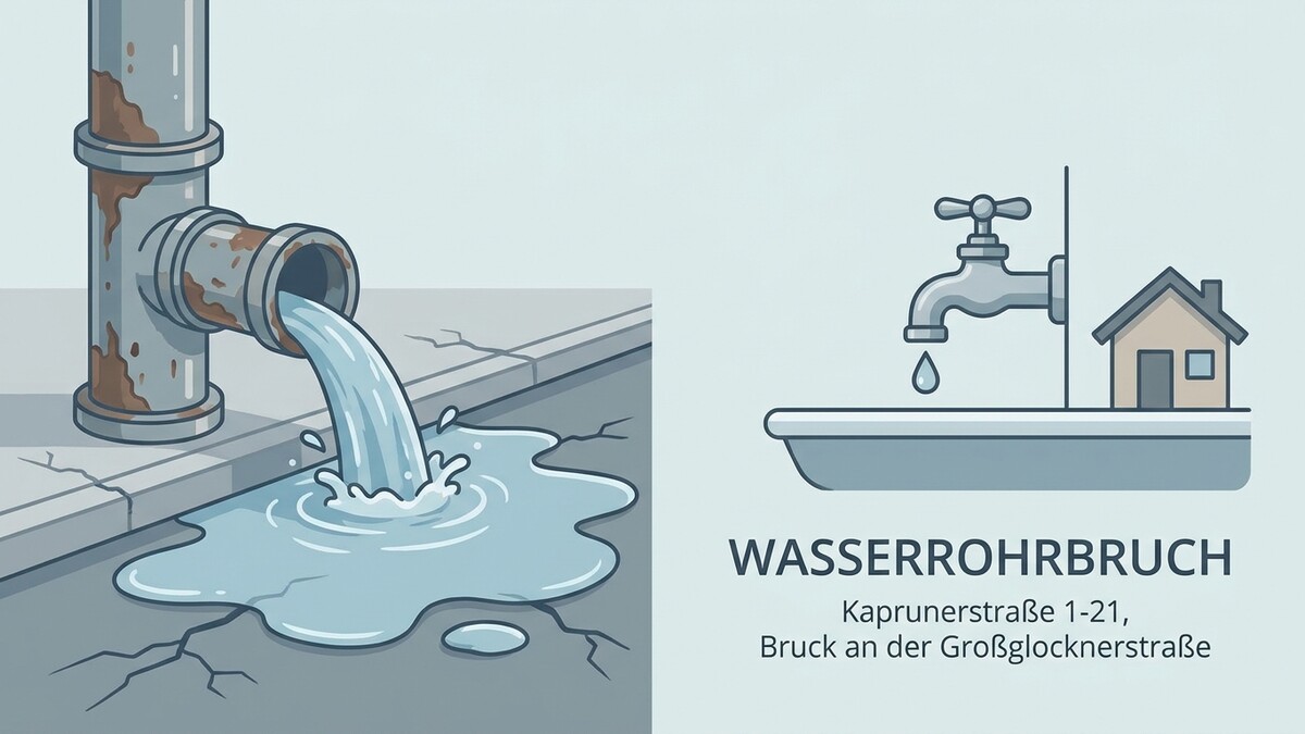Wasserrohrbruch: Verrostetes Rohr leckt Wasser auf rissigen Asphalt; Wasserhahn tropft über Haus.