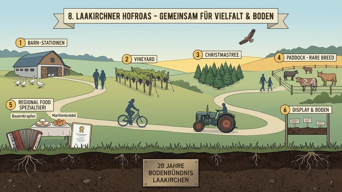 Laakirchener Hofroas: Bauernhof, Weingarten, Christbäume, Rinder, regionale Spezialitäten und Bodenausstellung