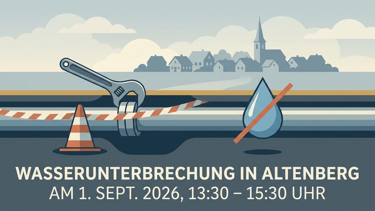 Wasserunterbrechung in Altenberg: Rohre mit Warnband, Werkzeug, Tropfen und Häuserkulisse