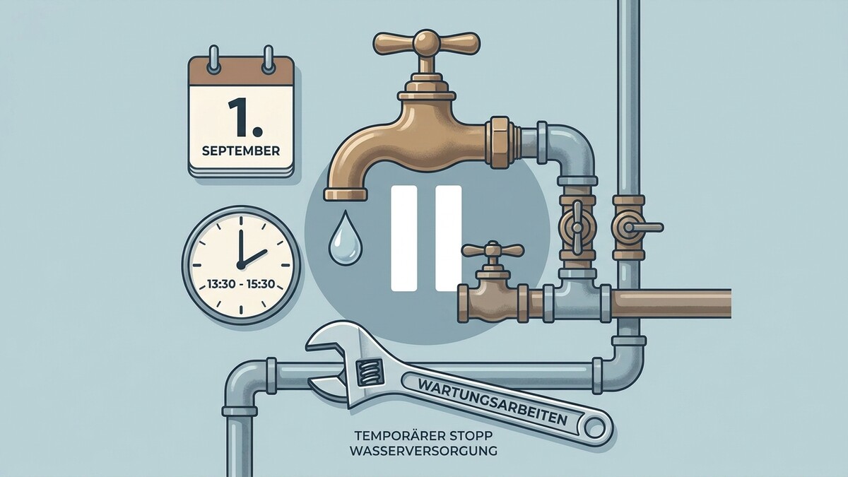 Wasserversorgung Stopp: Kalender mit 1. September, Uhrzeit 13:30-15:30, Rohre, Wasserhahn, Werkzeug