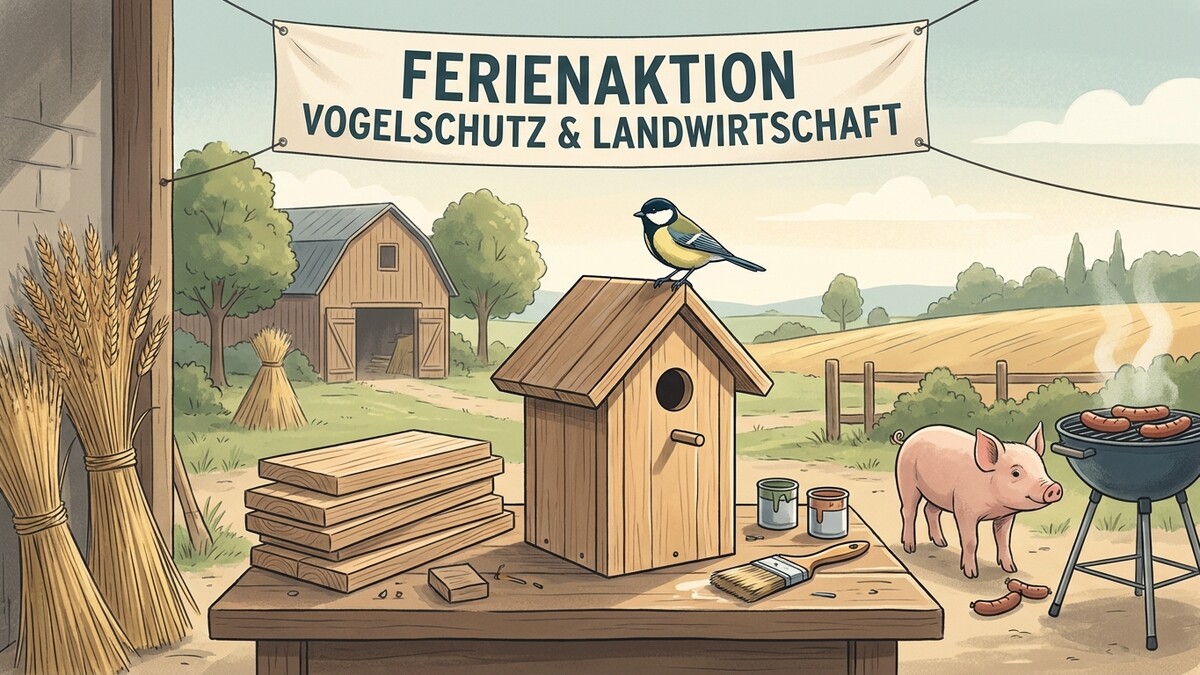 Ferienaktion Vogelschutz & Landwirtschaft: Meise auf Nistkasten, Schwein und Grill