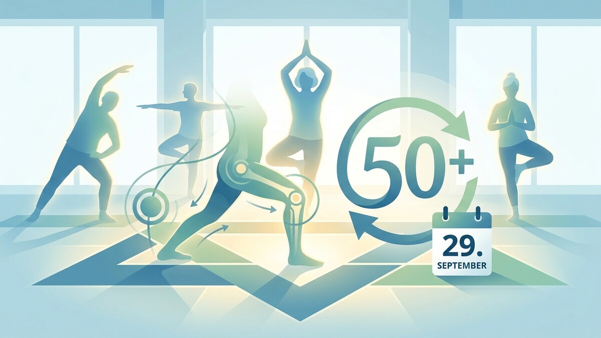 Yoga 50+ am 29. September mit Menschen in verschiedenen Haltungen in einem hellen Raum.