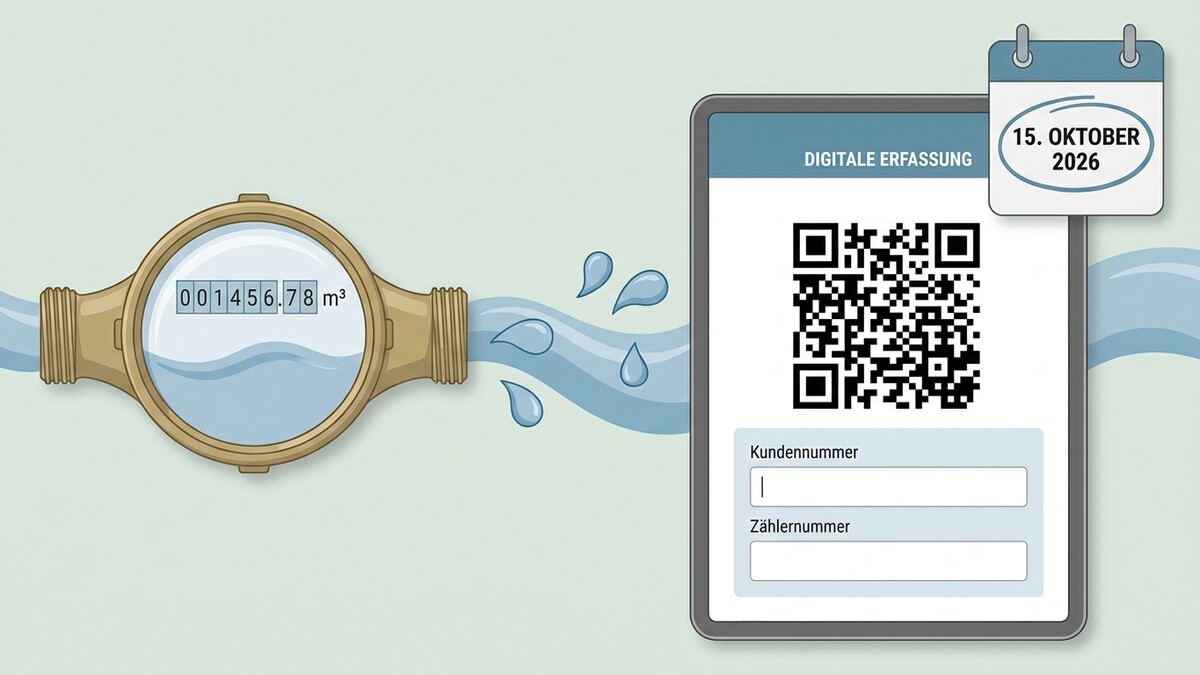 Digitaler Wasserzähler mit QR-Code für Erfassung am 15. Oktober 2026