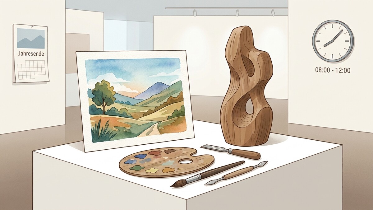 Kunstwerke in Galerie: Gemälde, Skulptur, Malutensilien und Kalender