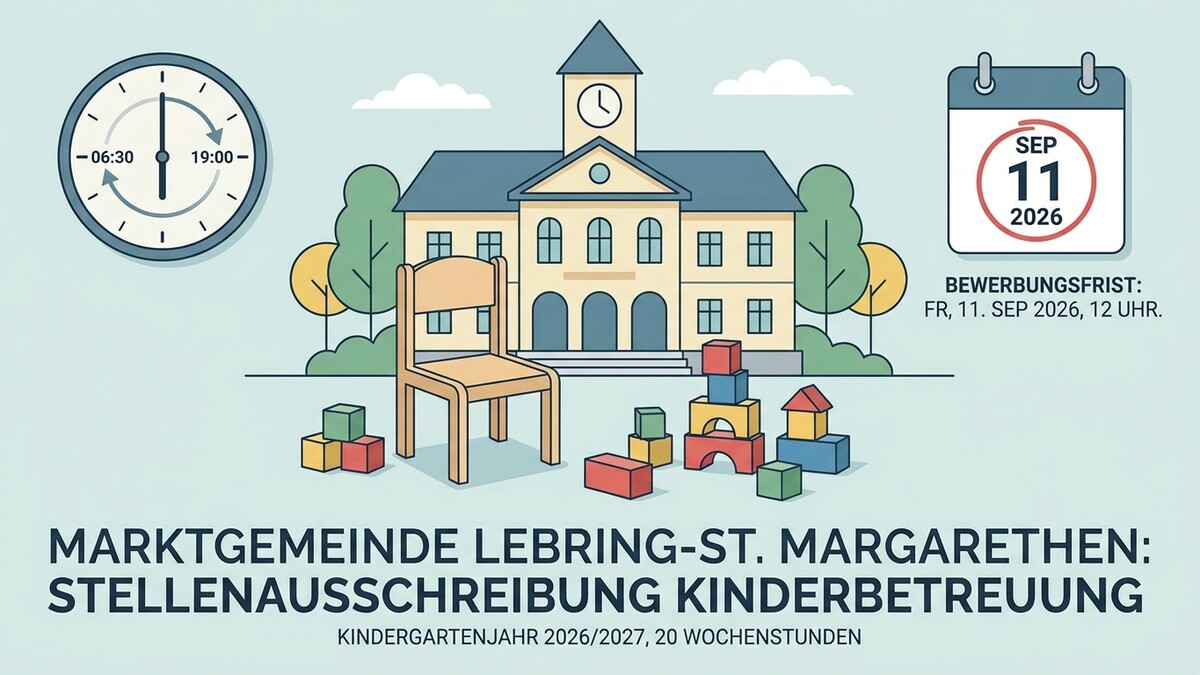 Marktgemeinde Lebring-St. Margarethen: Stellenanzeige Kinderbetreuung mit Uhr und Kalender