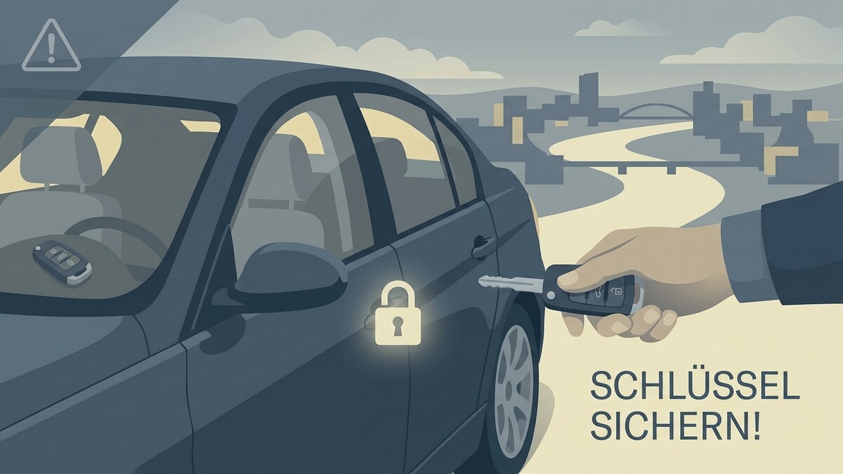 Schlüsselsicherung: Hand mit Autoschlüssel schließt dunkles Auto mit Stadtsilhouette im Hintergrund.