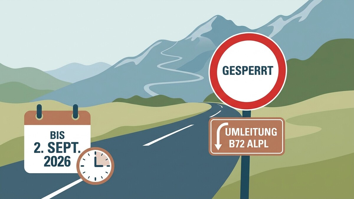 Umleitung B72 Alpl bis 2. Sept. 2026, gesperrte Straße in Berglandschaft