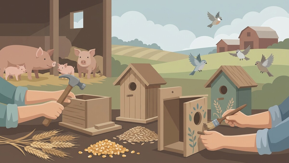 Schweine auf einem Bauernhof und Menschen bauen Vogelhäuser in der Steiermark