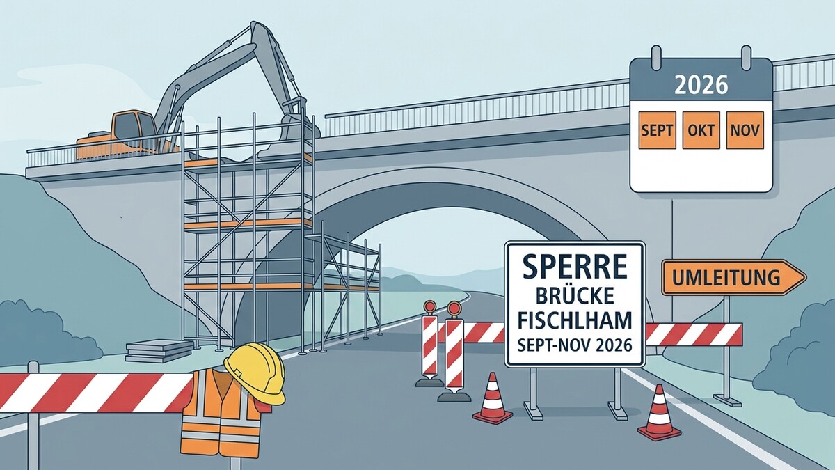 Brücke Fischlham: Sperre von Sept-Nov 2026 mit Umleitung, Bagger und Gerüst