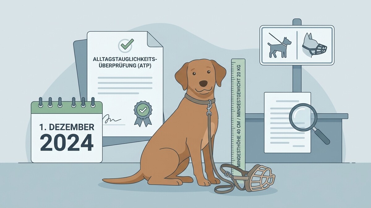 Hund mit Leine und Maulkorb, Kalender 1. Dezember 2024, Prüfung, Messlatte