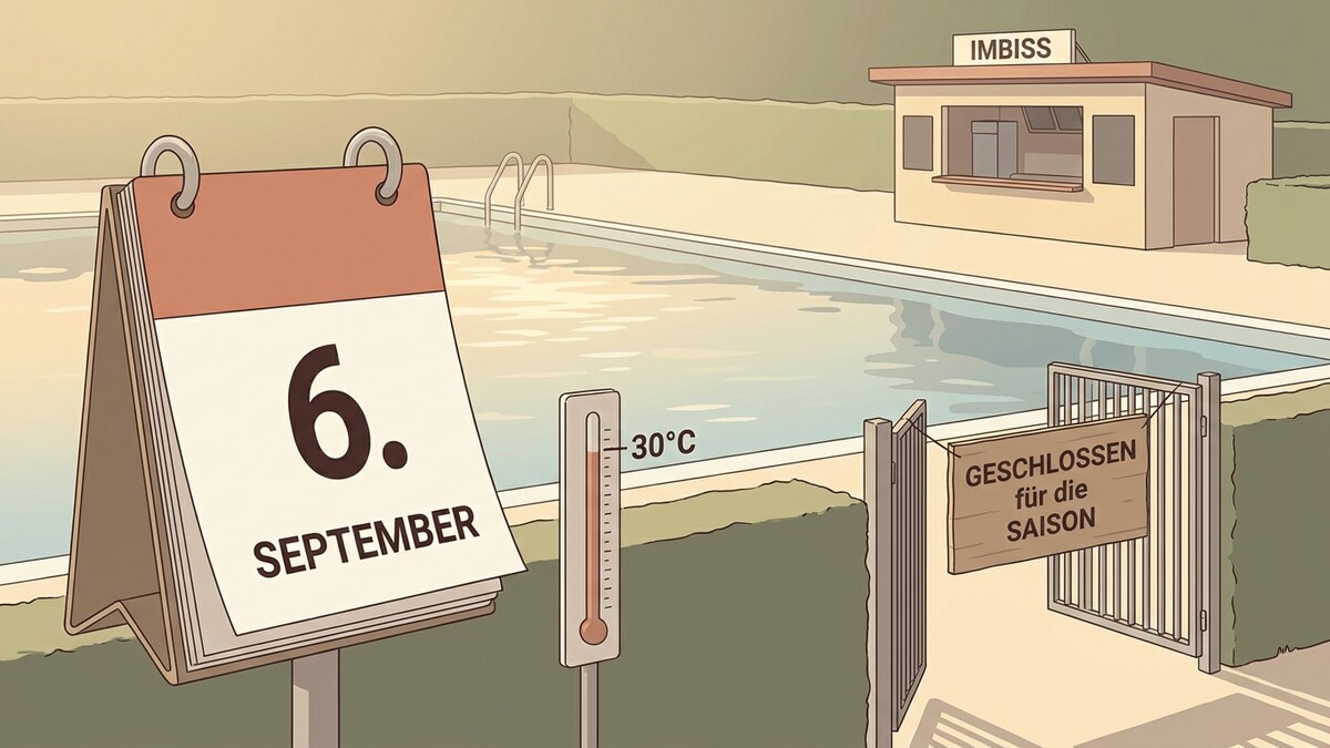 6. September Kalenderblatt neben Schwimmbecken mit 30°C Thermometer und Schild "Geschlossen für die Saison".