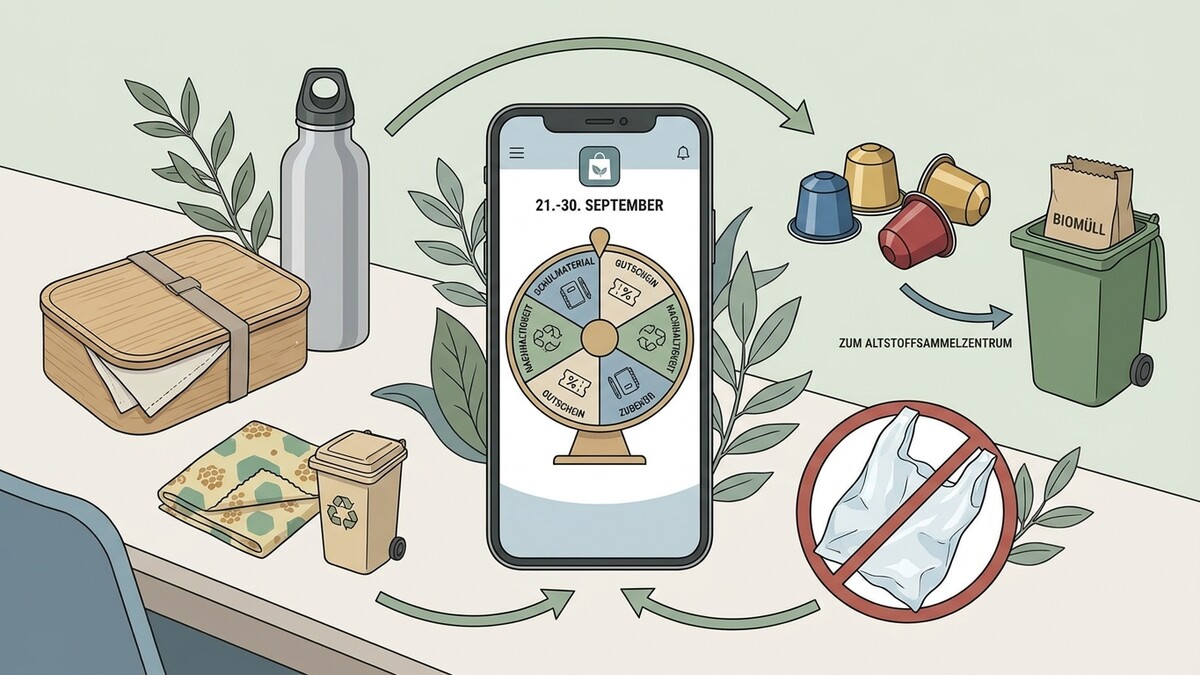 Nachhaltigkeit-App mit Glücksrad, Brotdose, Trinkflasche, Kaffeekapseln und Mülltonnen