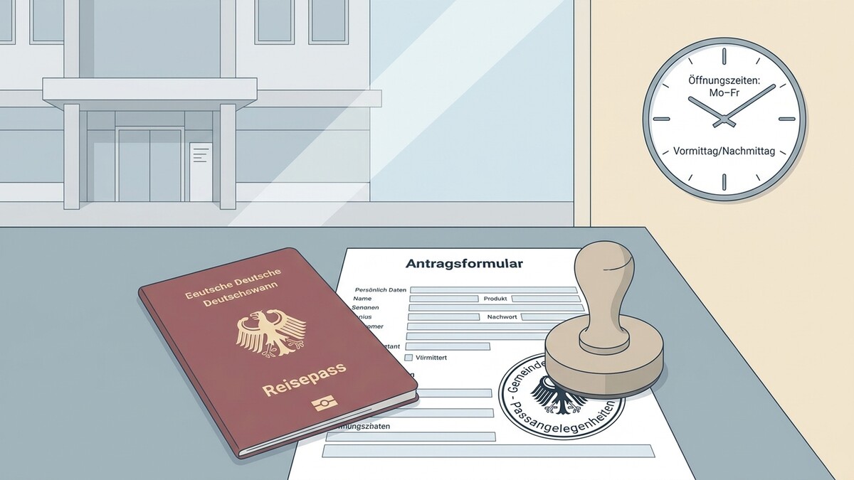 Reisepass und Antragsformular mit Stempel liegen auf einem Tisch vor einem Gebäude