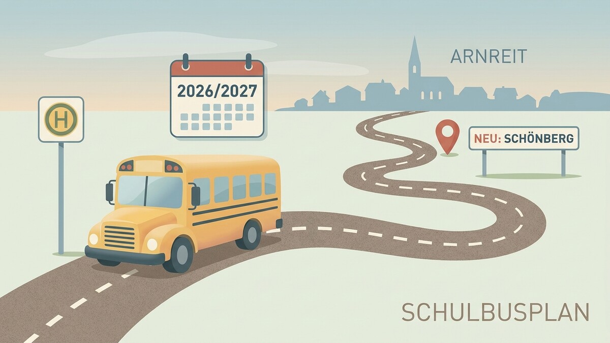 Schulbusplan 2026/2027 mit gelbem Schulbus, Haltestellenschild und Ortsschildern für Arnreit und Schönberg.