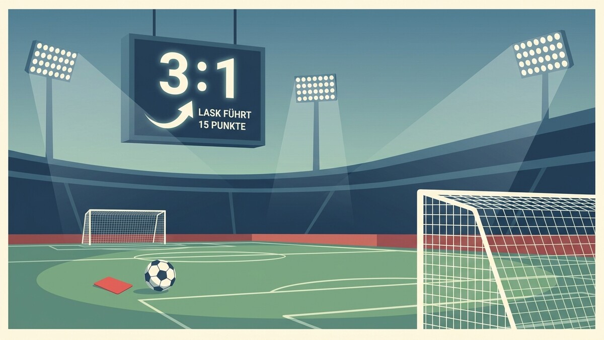 Fußballstadion mit Anzeigetafel und Spielstand 3:1 für LASK, ein Ball und ein rotes Heft liegen am Rasen.