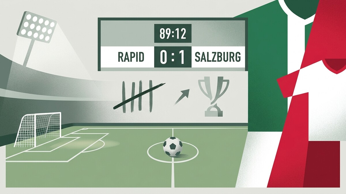 Fußballspiel Rapid gegen Salzburg mit Spielstand 0:1 und Pokalsymbol