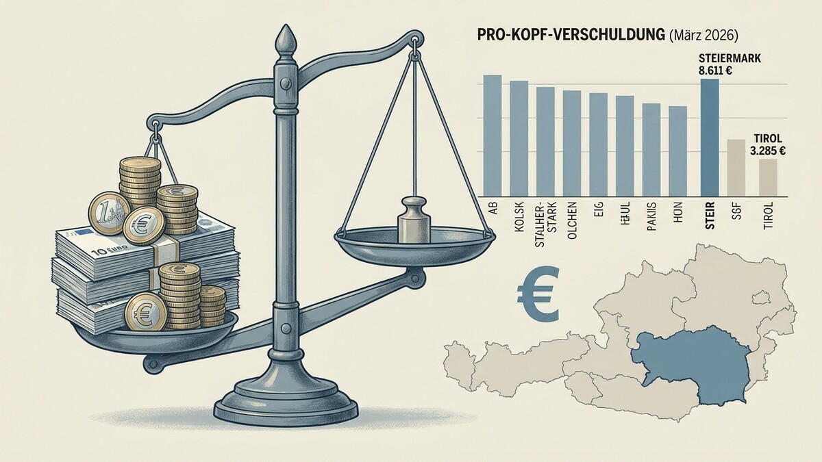 Schuldenwaage mit Euro-Scheinen und Münzen, Balkendiagramm der Pro-Kopf-Verschuldung und Karte von Österreich mit der Steiermark.