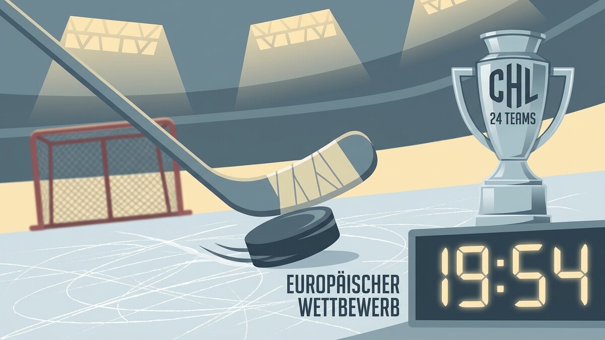 Eishockey-Pokal mit CHL-Logo, Schläger und Puck auf Eis, Uhr zeigt 19:54