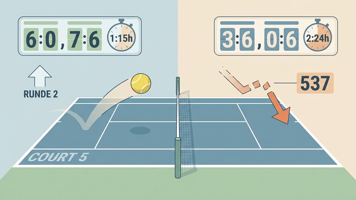 Tennisplatz mit Spielstand 6:0, 7:6 in 1:15h und 3:6, 0:6 in 2:24h, Runde 2, Court 5