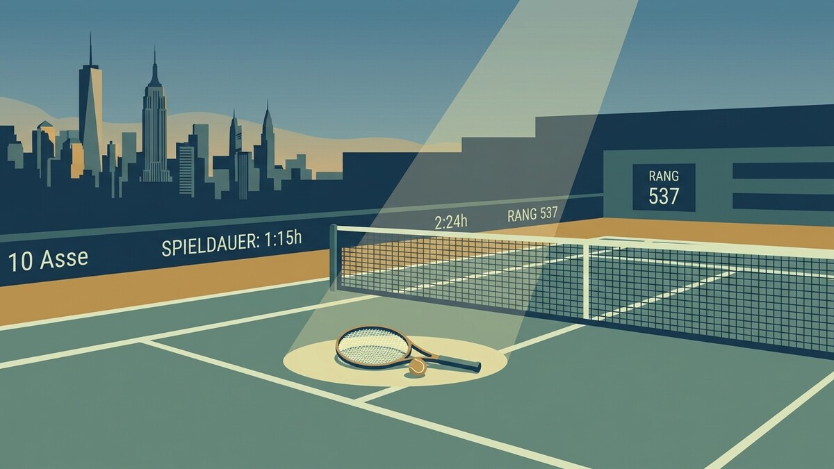 Tennisplatz mit Schläger und Ball, New Yorker Skyline im Hintergrund, Rang 537