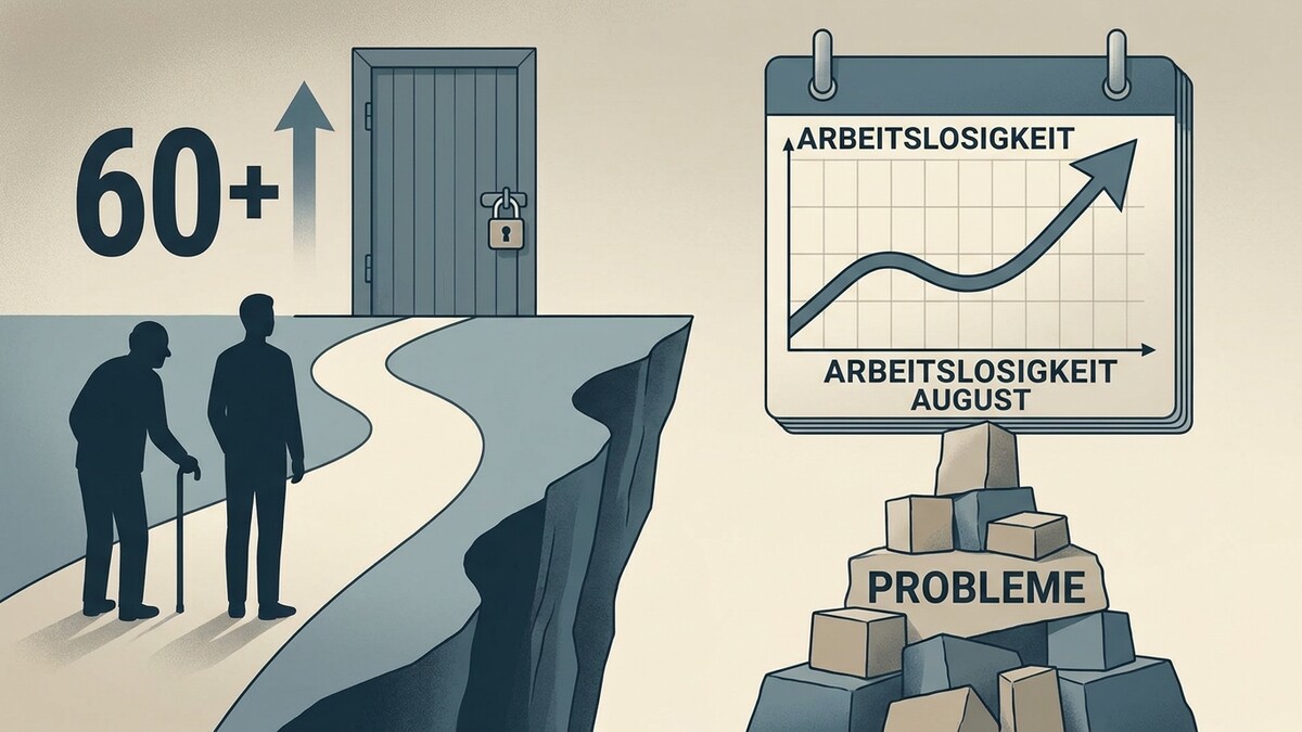 Arbeitslosigkeit 60+ Männer vor verschlossener Tür, steigende Arbeitslosigkeit August