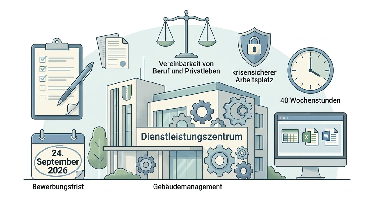 Dienstleistungszentrum mit Symbolen für Bewerbungsfrist, Work-Life-Balance und 40-Stunden-Woche