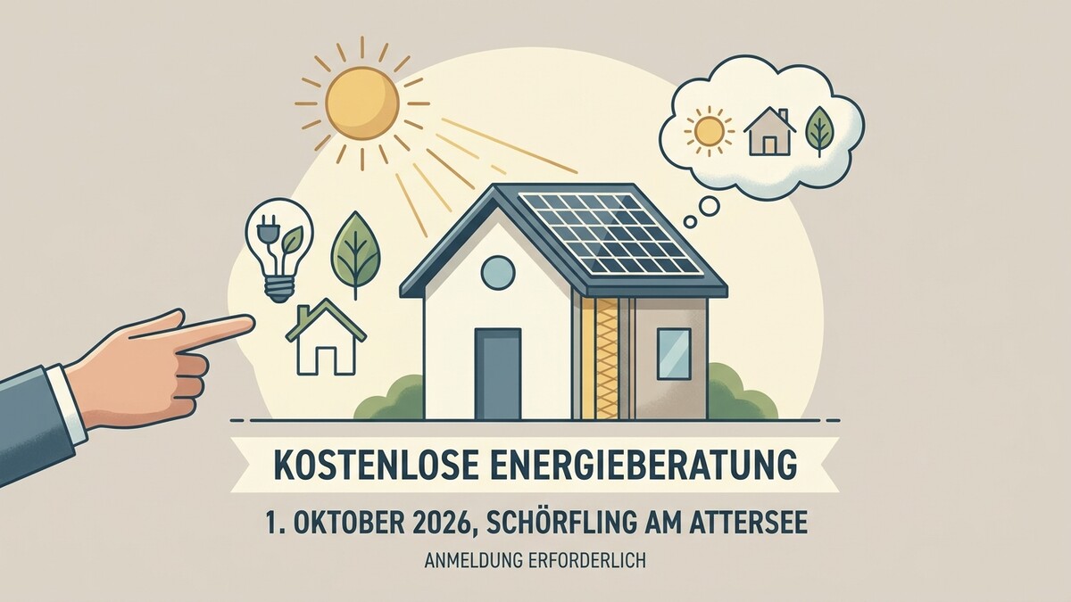 Energieberatung in Schörfling am Attersee: Haus mit Solaranlage und Energiesymbolen