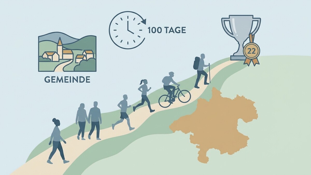 Gemeinde-Symbol mit Zeitmesser, Menschen beim Sport und Wanderer mit Pokal auf Karte von Oberösterreich