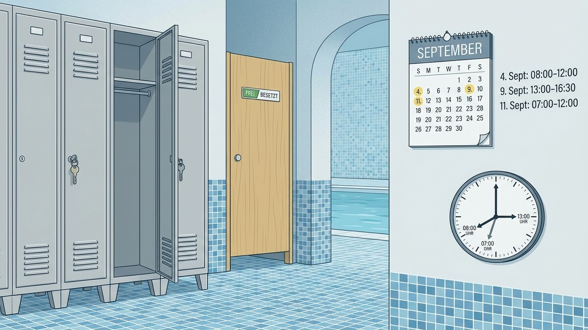Umkleidekabine mit offenen Spinden, Tür mit "Frei/Besetzt"-Schild, Schwimmbecken, Kalender und Uhr