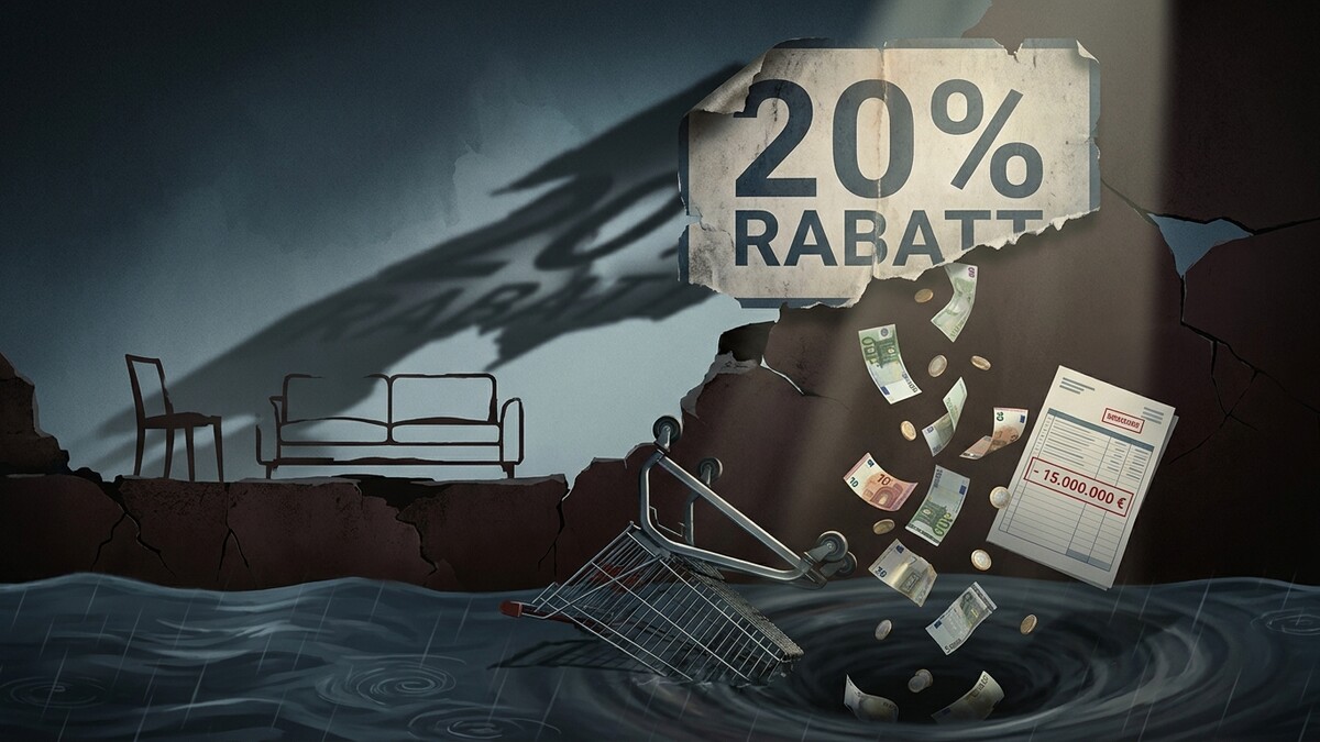 20% Rabatt-Schild über einem Einkaufswagen, der in Wasser sinkt, mit Geldscheinen und Rechnung.