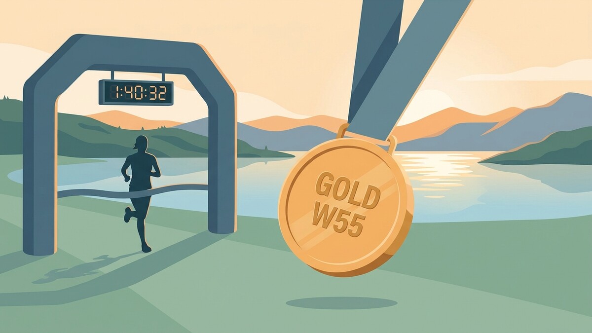 Läuferin überquert Ziellinie bei 1:40:32, Goldmedaille im Vordergrund