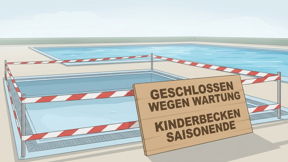 Schwimmbecken geschlossen wegen Wartung und Saisonende, Absperrband und Schild