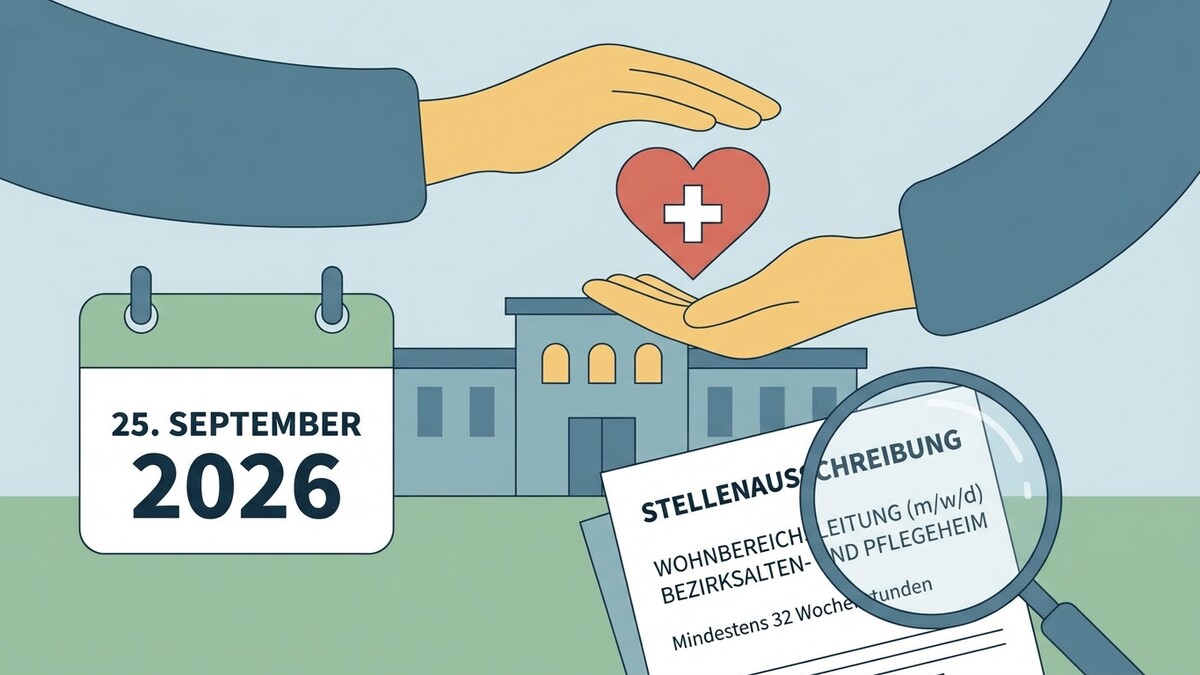 Stellenanzeige für Leitung im Pflegeheim mit Kalenderdatum 25. September 2026 und Herzsymbol