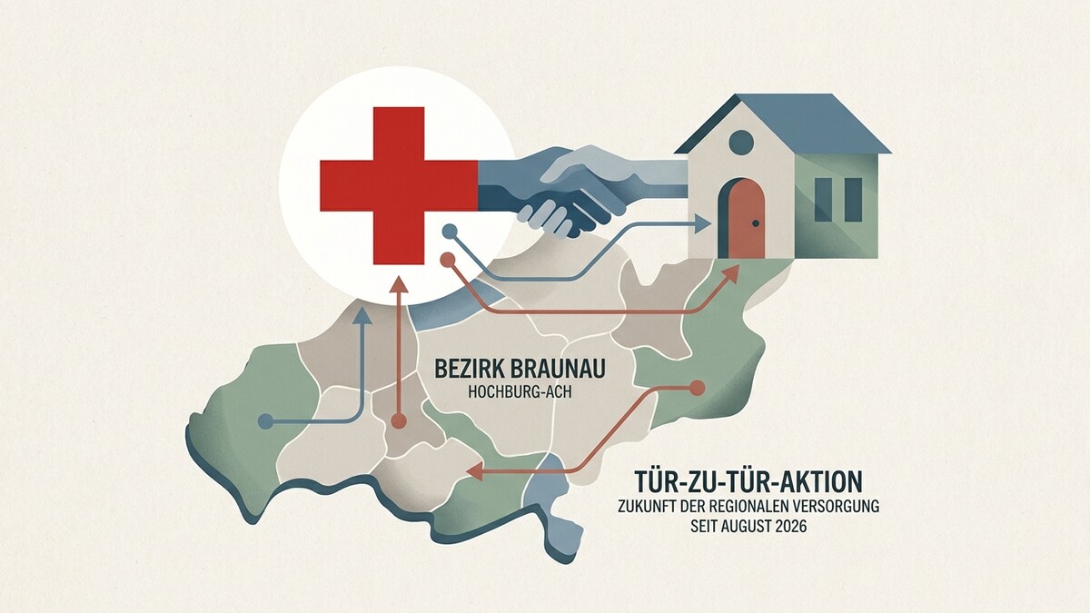 Bezirkskarte Braunau mit Rotes Kreuz-Symbol und Haus, Tür-zu-Tür-Aktion