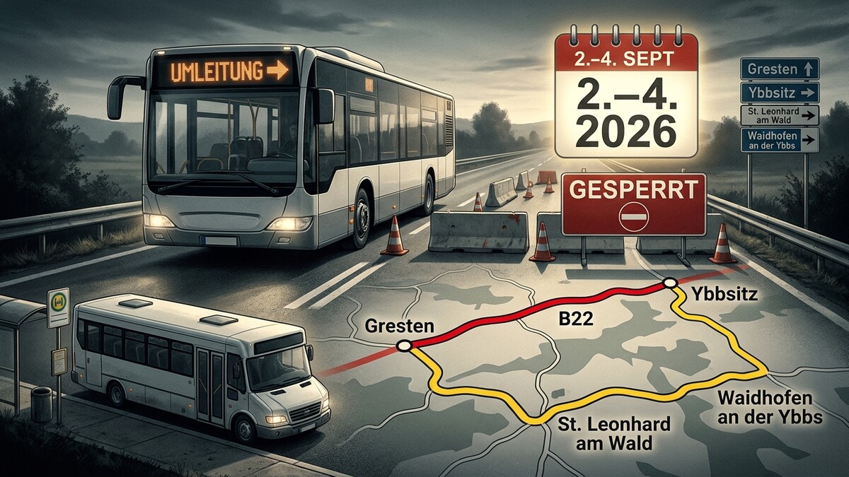 Umleitung auf B22 zwischen Gresten und Ybbsitz wegen Sperre von 2.-4. Sept. 2026.